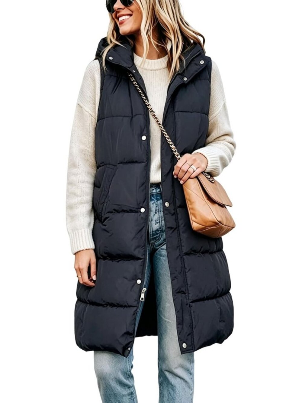 Cozy Long Puffer Vest for Women with Removable Hood - Stylish Winter Outerwear